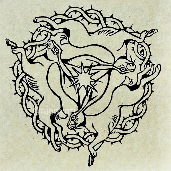 Lino print in black ink depicting three hares running in a circle, sharing 3 ears between them. There is a star in the centre, and a ring of thorns behind them